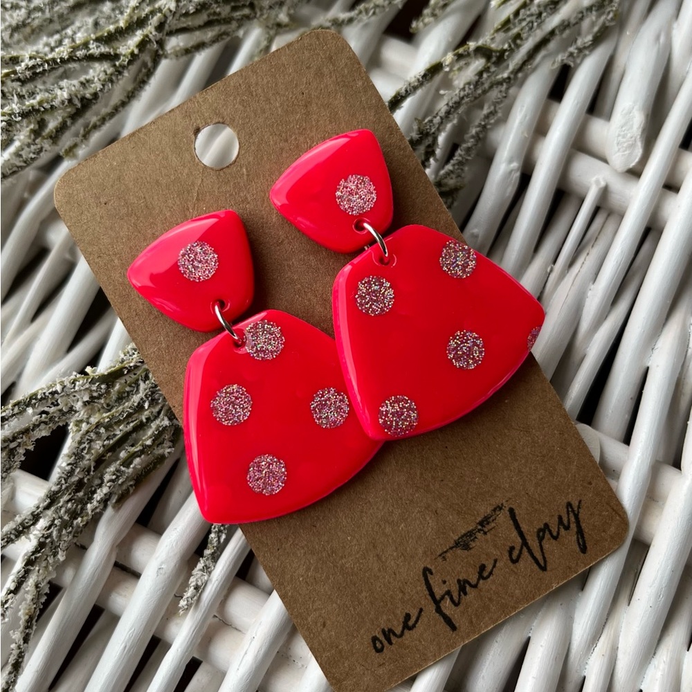 Neon Pink Clay & Resin Earrings with Glitter Polka Dots
